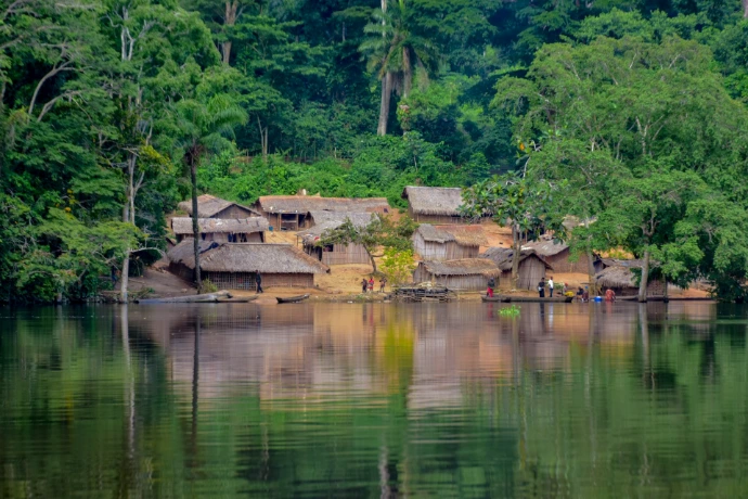 Village nestled in lush green jungle by calm water